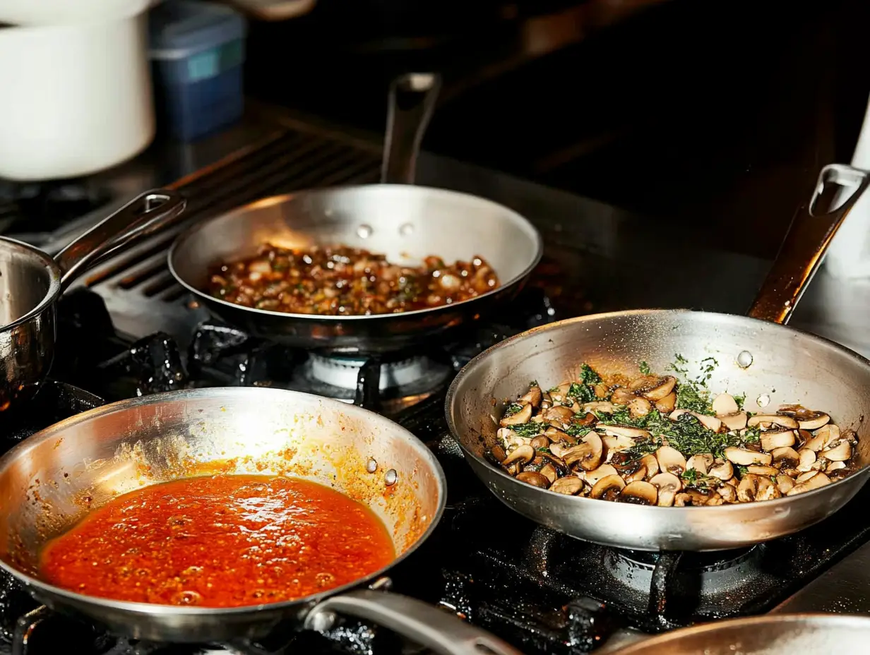 Mushrooms and sauces cooking in stainless steel pans on a stovetop, showing savory flavors in development.