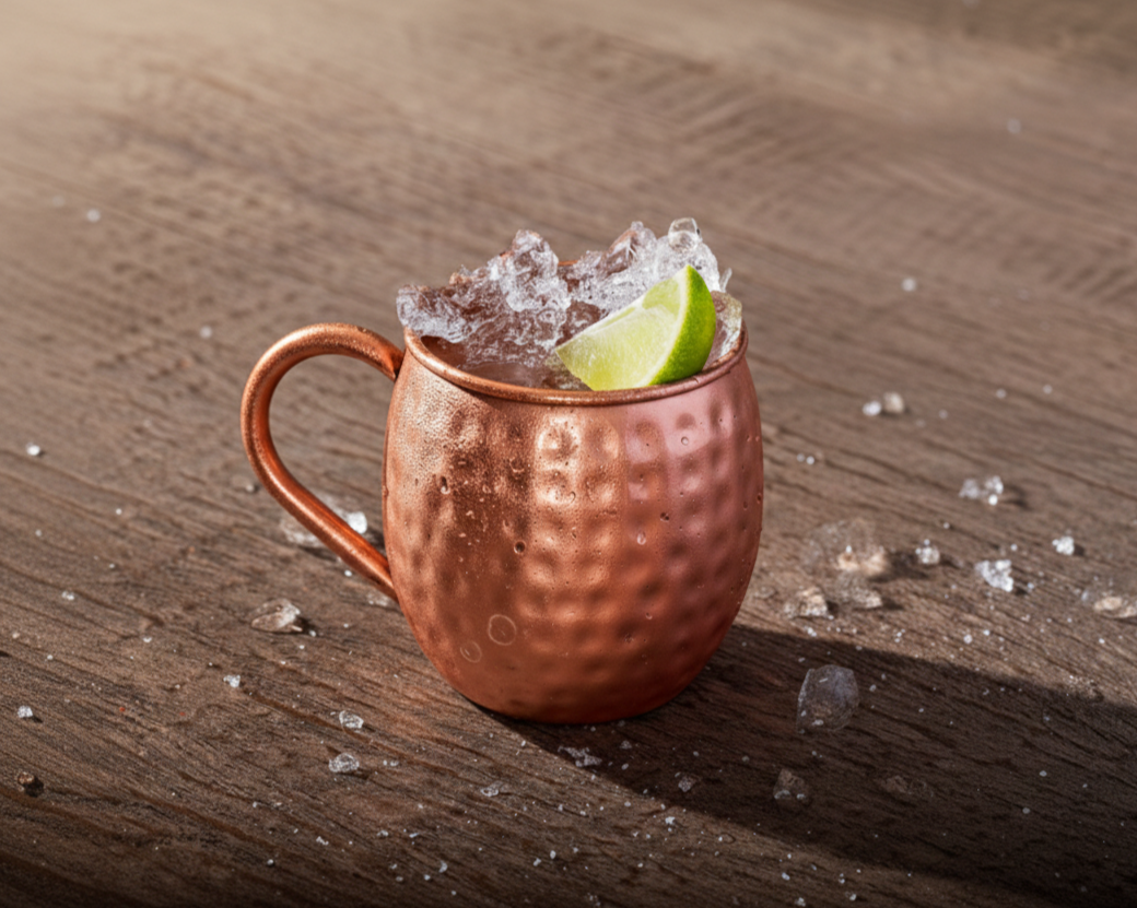 A Moscow Mule cocktail served over ice in a copper mug, garnished with a lime wedge.