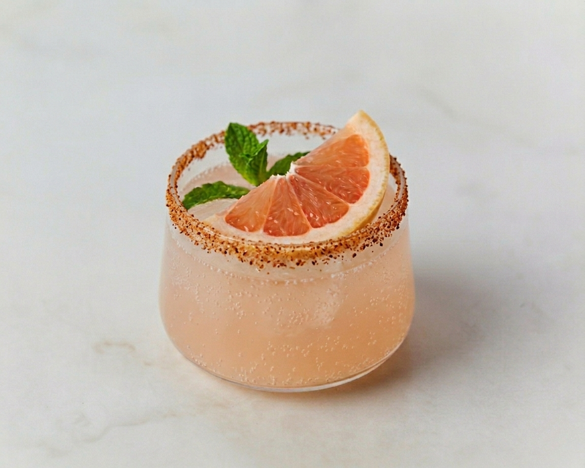 Paloma cocktail in a rocks glass with grapefruit slice garnish and salted rim on a light marble surface