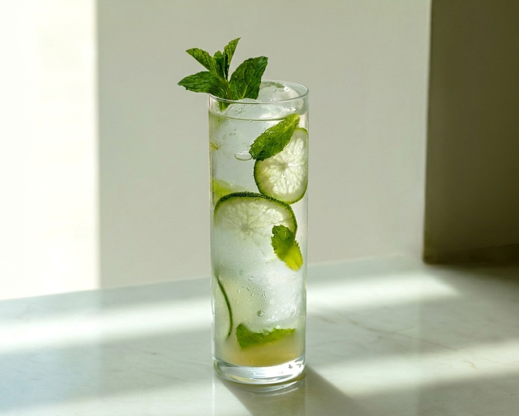 Classic mojito cocktail with fresh mint, lime slices, and ice in a tall glass
