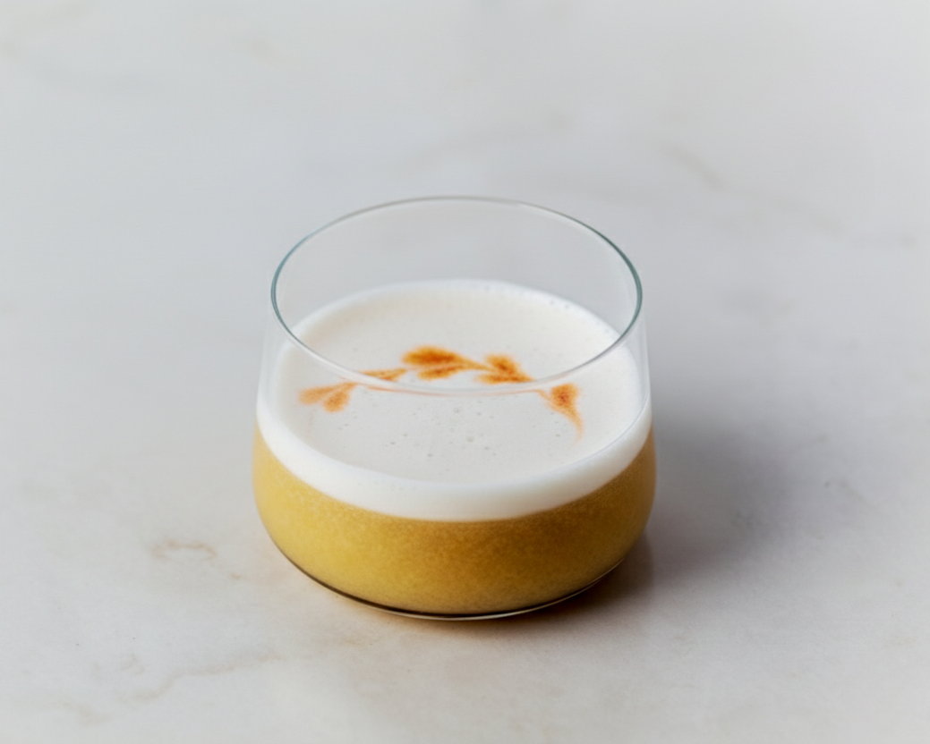 Classic whiskey sour cocktail with egg white foam and Angostura bitters in a rocks glass.