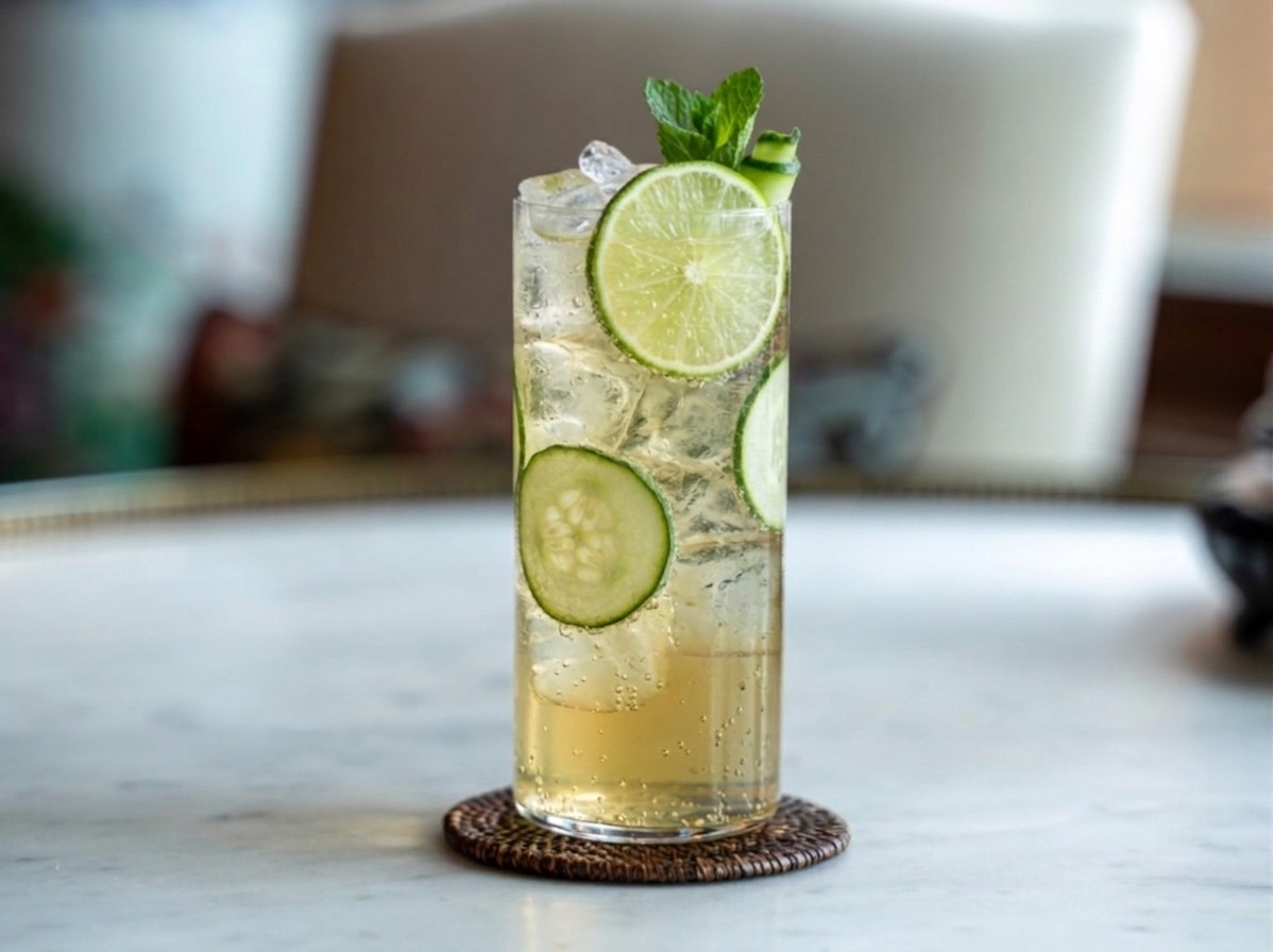 Cucumber Lime Fizz in a highball glass with cucumber slices and mint garnish