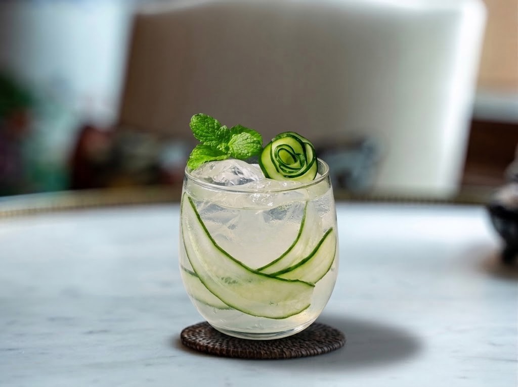 Eastside cocktail in a rocks glass with cucumber ribbons and mint garnish
