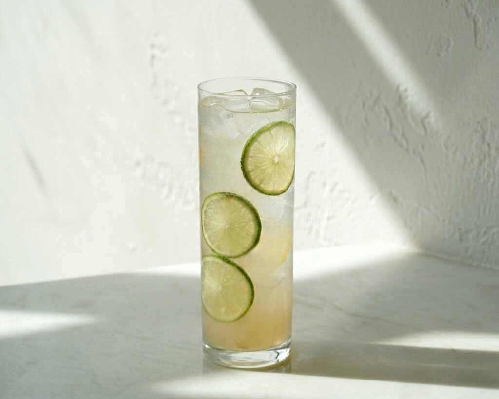 Non-alcoholic ginger lime highball with fresh cucumber slices and ice in a tall glass